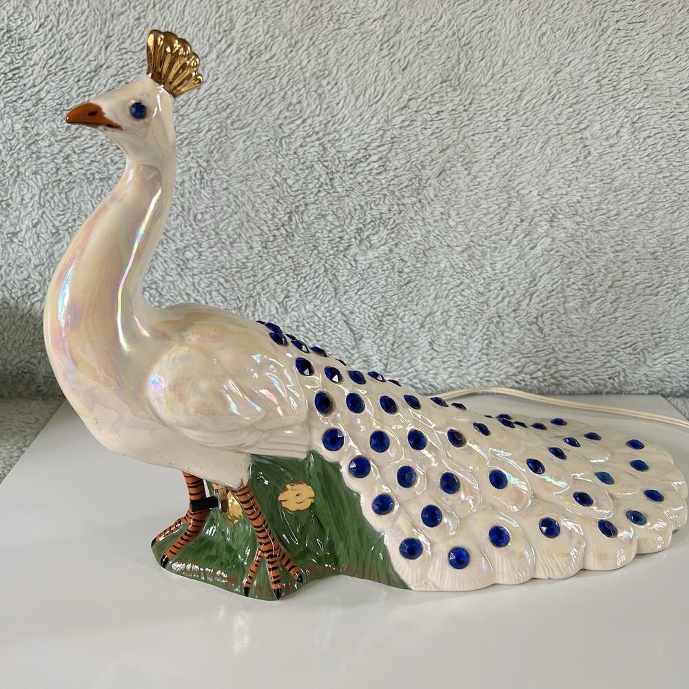 Ceramic Peacock Table Lamp Vintage Holland Mold White Pearl Color Blue Gems
